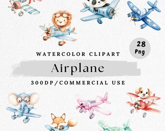 Watercolor Animal Pilots Airplane Clipart: Nursery Aviation PNG (Digital Download)