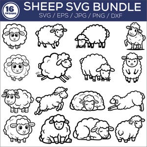 May include: A black and white SVG bundle featuring 16 sheep designs. The sheep are depicted in various poses, including standing, jumping, and lying down. The text "SHEEP SVG BUNDLE" is at the top, with file type options below.