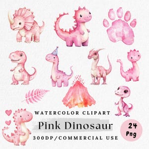May include: Watercolor clipart featuring various pink dinosaurs, including a Triceratops, a T-Rex, and a Stegosaurus. The image also includes a pink footprint, a volcano, and a fern. Text reads "Pink Dinosaur" and "300DP/COMMERCIAL USE".