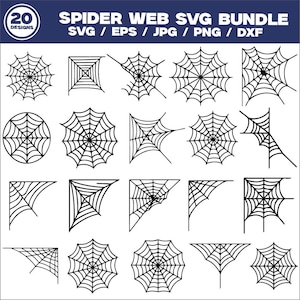 May include: A collection of 20 black spider web designs in various shapes and sizes. The image includes circular, square, and corner web designs, perfect for Halloween or spooky-themed projects. Text at the top reads "SPIDER WEB SVG BUNDLE" and file types.