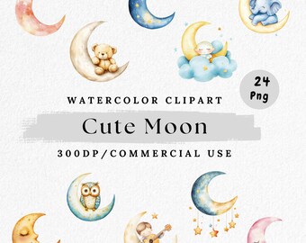 May include: A set of 24 watercolor illustrations of cute moons with various characters, including a bear, an owl, a baby, an elephant, and a child playing guitar. The moons are in various colors, including pink, blue, yellow, and green. The illustrations are perfect for adding a touch of whimsy to any project.