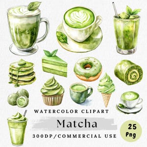 Clipart di Matcha, PNG di Matcha ad acquerello, Clipart di Tè verde, Illustrazione di Matcha Latte, Clipart di bevanda giapponese, PNG di Tazza di Matcha, Pacchetto di Arte da Caffè