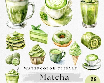 Clipart de Matcha en acuarela: Paquete de arte de cafetería japonesa (descarga digital PNG)