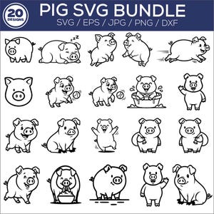 Könnte beinhalten: Ein schwarz-weißes SVG-Bundle mit 20 Schweinedesigns. Die Illustrationen zeigen Schweine in verschiedenen Posen, wie schlafen, rennen und mit einem Ball spielen. Der Text "PIG SVG BUNDLE" steht oben.
