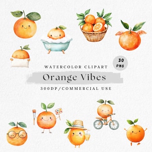 Cute Orange Character Clipart, Watercolor Orange, Orange Clipart PNG, Watercolor Fruits Clipart, Smiling Orange Png, Orange Juice Clipart