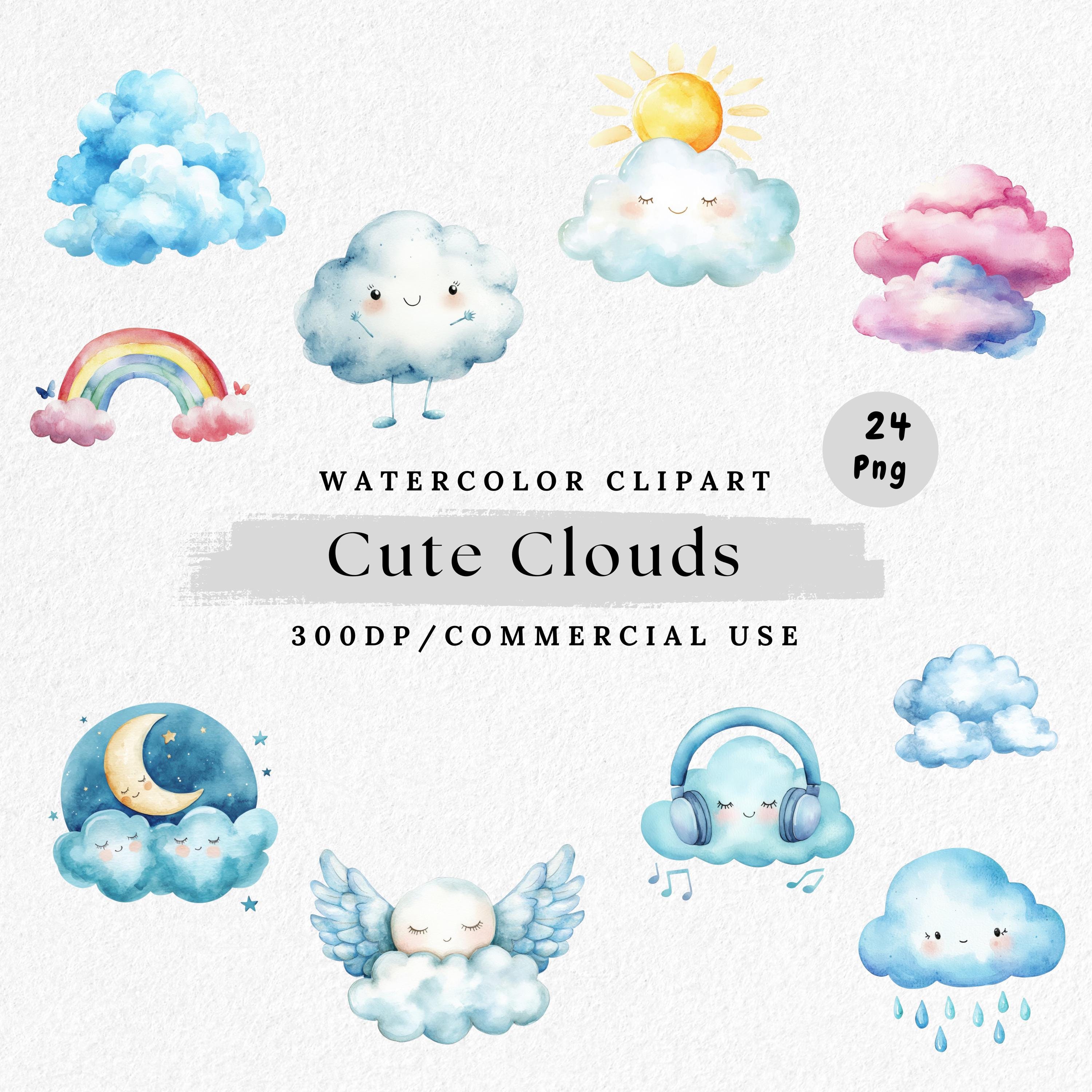 Cloud Clipart PNG, Cute Cloud Characters with Faces, Watercolor Weather, Rainy and Sunny Sky Elements for Kids Crafts and Nursery Decor