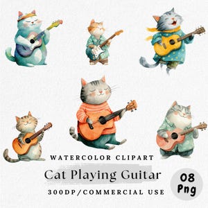 Watercolor Cat Playing Guitar Clipart: Musical Kitty PNG (Digital Download, 8 PNGs)