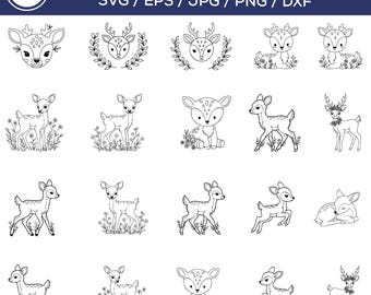Deer Svg Bundle for Cricut, Cute Fawn Svg Set, Baby Deer Outline Svg, Woodland Animal Clipart, Forest Deer Design, Png Dxf Eps Files