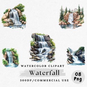 Watercolor Waterfall Clipart: Cascade Landscape PNG (Digital Download, Commercial Use)