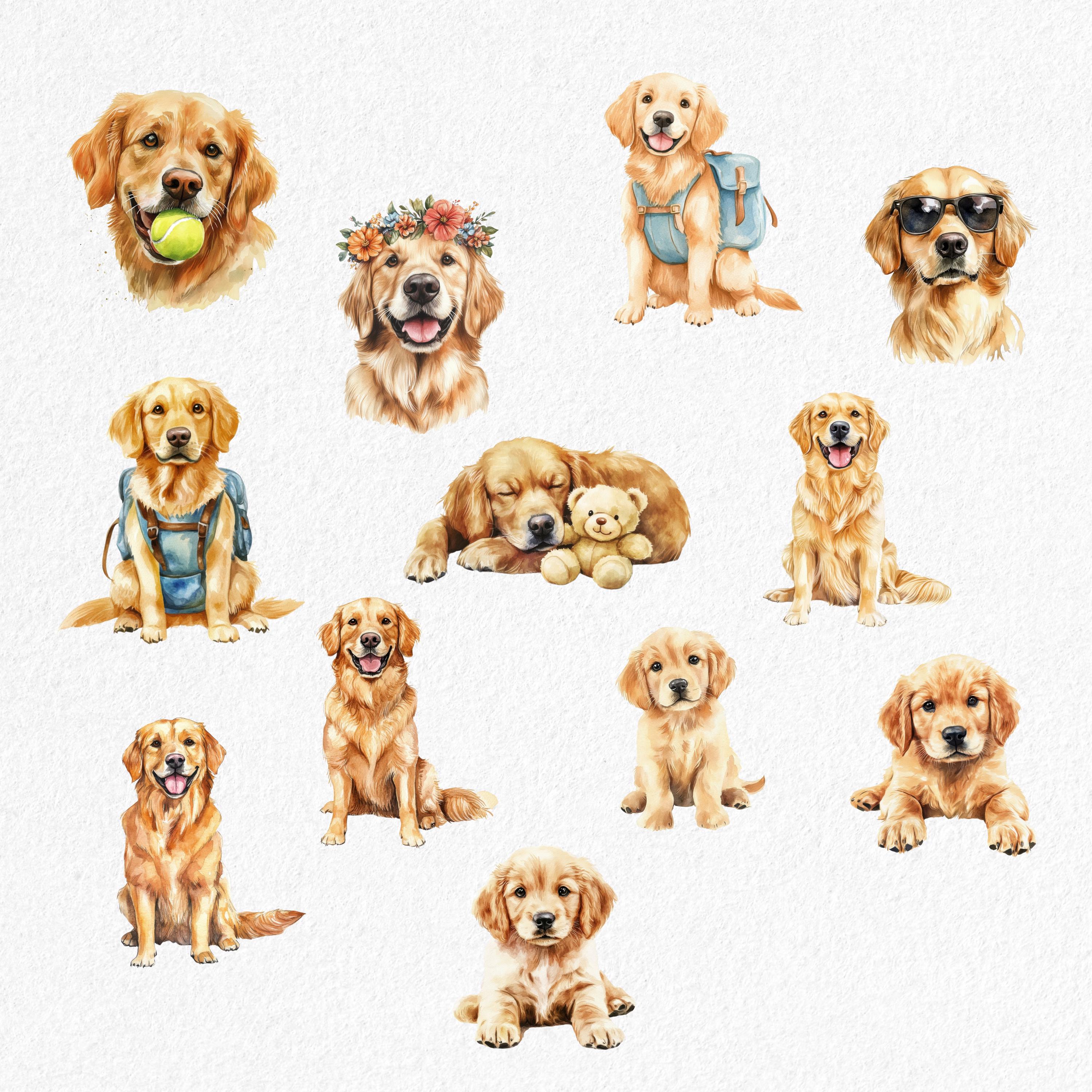 Golden Retriever Clipart, Cute Dog PNG Bundle, Watercolor Golden ...