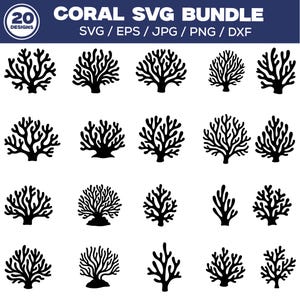Puede incluir: Un conjunto de 20 diseños SVG de coral negro en varias formas y tamaños. Los diseños incluyen ramas y formaciones de coral. El texto en la parte superior dice "CORAL SVG BUNDLE" y enumera los formatos de archivo: SVG / EPS / JPG / PNG / DXF.