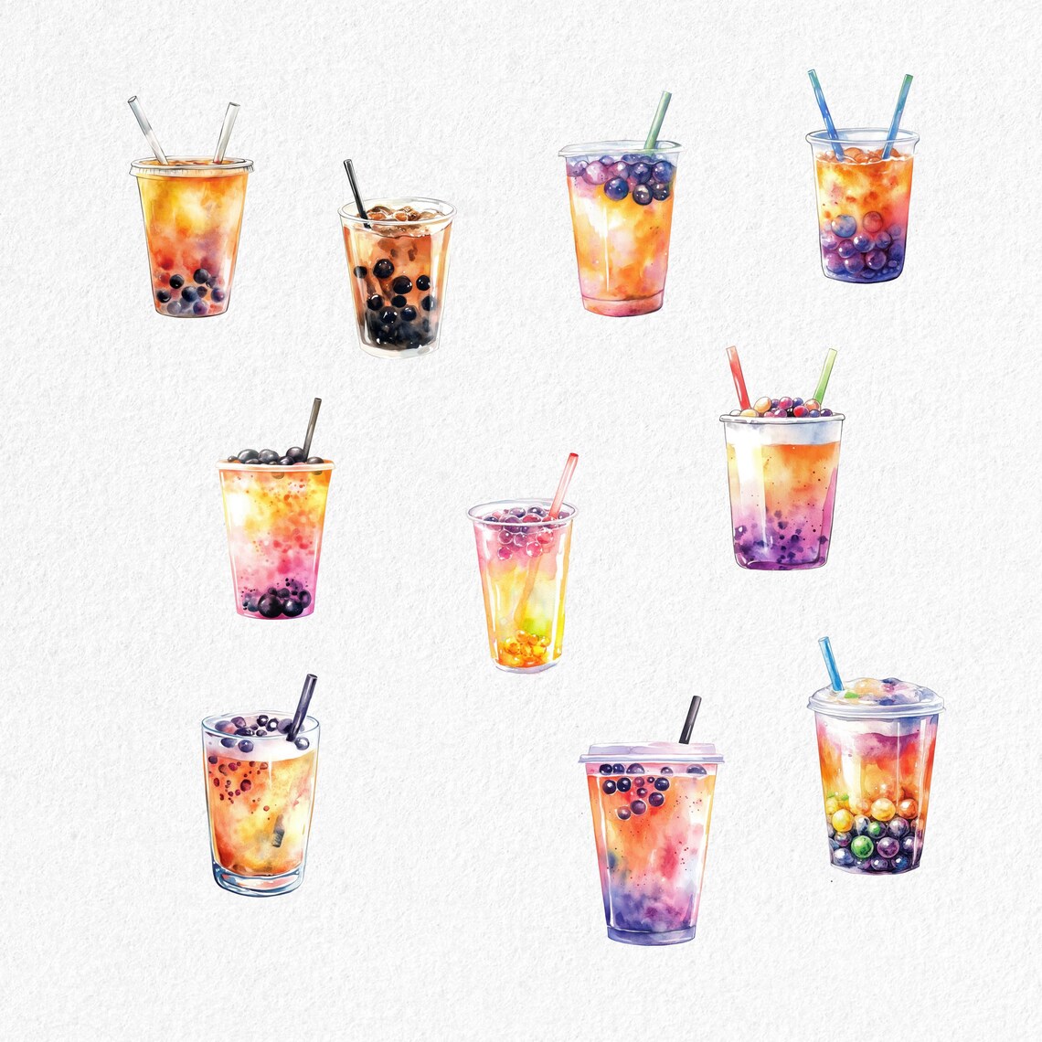Watercolor Bubble Tea Clipart: Kawaii Boba PNG Graphics (commercial Use ...