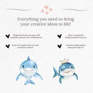 May include: A watercolour illustration featuring two cartoon sharks in blue hues. One shark wears a crown. The image includes text: "Everything you need to bring your creative ideas to life!" and other descriptive text.