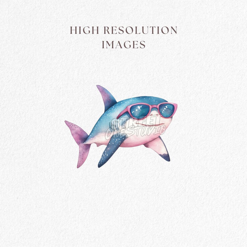May include: A watercolour illustration of a shark wearing pink sunglasses. The shark is blue with pink fins and a white belly. The image has the text "HIGH RESOLUTION IMAGES" at the top and a watermark.
