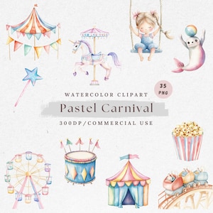 Carnaval clipart png, circus clipart, kermis en festival artwork, aquarel carnaval elementen, clowns, ballonnen en teddybeer png
