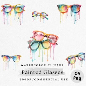 Painted Glasses Clipart, Watercolor Eyewear PNG, Artsy Sunglasses, Colorful Spectacles Clip Art, Hand Drawn Eyeglasses PNG, Digital Download