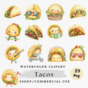 Paquete de imágenes prediseñadas de tacos, lindos tacos de acuarela PNG, ilustración de comida mexicana, imágenes prediseñadas de tacos kawaii, pegatinas digitales de fiesta, uso comercial