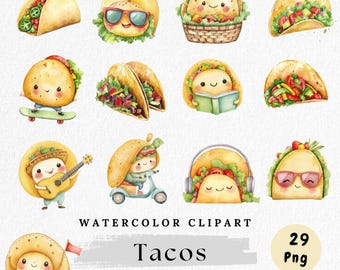 Taco Clipart Bundle, Cute Watercolor Tacos PNG, Mexican Food Illustration, Kawaii Taco Clip Art, Digital Fiesta Stickers, Commercial Use