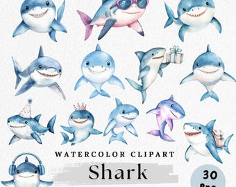 Shark Clipart Bundle, Cute Shark PNGs, Watercolor Ocean Animal PNG, Cartoon Sea Creatures, Baby Shark Art, Commercial Use, Paper Crafting