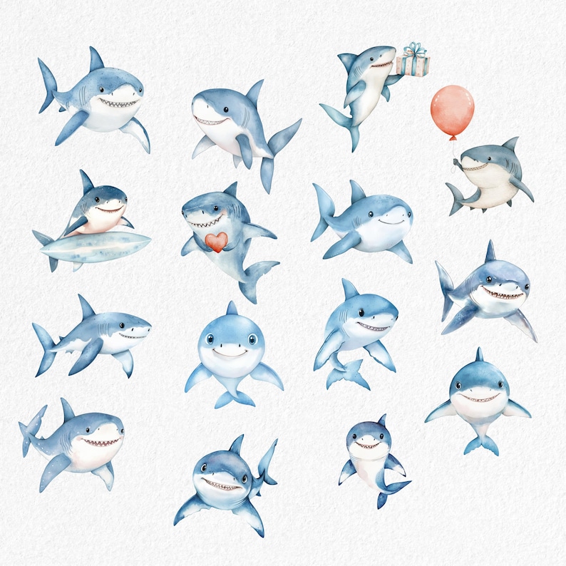 May include: A collection of watercolour illustrations featuring cartoon sharks in shades of blue. Some sharks are smiling, holding gifts, or a heart. One shark is riding a surfboard, and another is holding a balloon. The background is plain white.