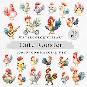 以下が含まれることがあります： さまざまなポーズをとったかわいい雄鶏のウォーターカラーイラスト25点セット。雄鶏は赤、青、黄、緑、ピンクなど、さまざまな色で描かれています。イラストは、デジタルスクラップブッキング、カード作り、その他のクラフトプロジェクトに最適です。