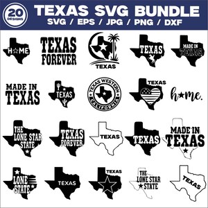 Könnte beinhalten: Eine Sammlung von 20 Texas-Themen-SVG-Designs in Schwarz und Weiß. Die Designs umfassen die Umrisse von Texas, die Wörter "Texas Forever", "Made in Texas" und "The Lone Star State". Das Bild enthält auch den Text "Texas SVG Bundle."
