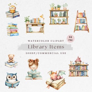 以下が含まれることがあります： 水彩画のクリップアートセット。図書館のアイテムが34点含まれており、本、棚、テディベア、読書中の女の子、フクロウ、ドラゴン、ランプなどがあります。クリップアートは300 DPIで、商用利用可能です。