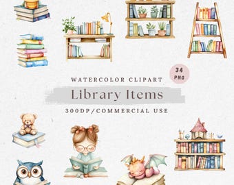 Watercolor Library Clipart PNG: Bookshelf & Stationery (Digital Download)