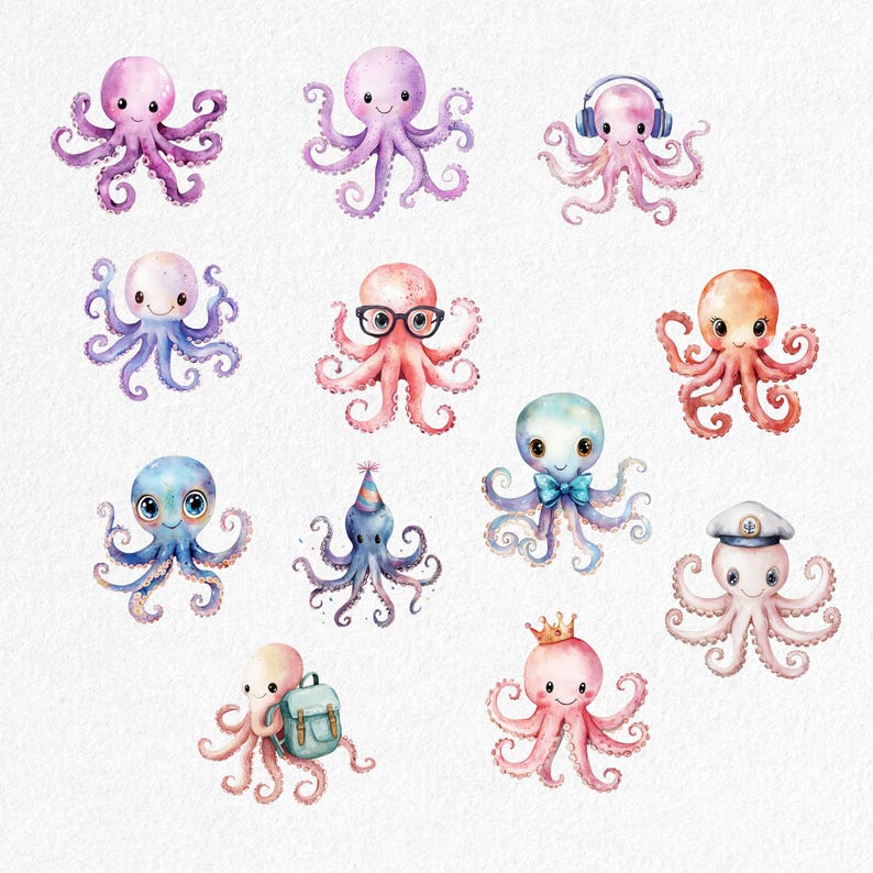May include: Watercolor illustrations of various cartoon octopuses in shades of pink, purple, blue, and orange. Some octopuses wear accessories like headphones, glasses, a party hat, a bow tie, a sailor hat, a backpack, and a crown. The octopuses have smiling faces.