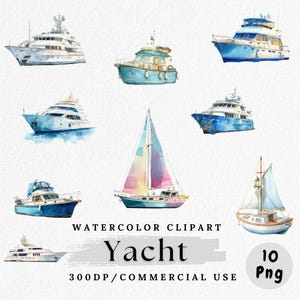 ヨットのクリップアート、豪華ボートのPNG、セーリングヨット、水彩画のオーシャンヨットのクリップアート、航海ボートのグラフィック、海のヨットのデジタルダウンロード
