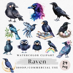 May include: Watercolor clipart featuring various raven illustrations in shades of black, blue, and purple. Some ravens are depicted with accessories like glasses, a crown, and a rainbow. The text "Watercolor Clipart Raven" is included.