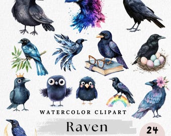 Watercolor Raven Clipart: Gothic Black Bird PNG (Digital Download, Commercial Use)