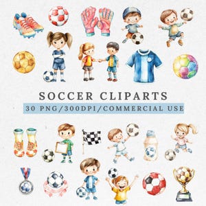 Watercolor Soccer Clipart, Football PNG, Soccer Ball Illustration, Sports Clip Art, Goal & Trophy Graphics, Soccer Player Clipart