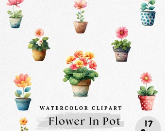 Puede incluir: Clipart de acuarela de varias flores en macetas en una variedad de colores, incluyendo rosa, naranja y amarillo. Las flores están en diferentes tipos de macetas, algunas con patrones. El texto "Flower In Pot" se muestra debajo.