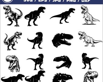 May include: A digital art bundle with 16 T-Rex dinosaur designs in SVG, EPS, JPG, PNG, and DXF formats. The designs include detailed illustrations and silhouettes of the Tyrannosaurus Rex, suitable for various creative projects.