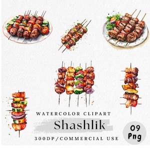 Shashlik Clipart, Watercolor Skewered Meat PNG, BBQ Kebab Illustration, Grilled Food Clip Art, Summer Barbecue PNG, Meat on Stick Art