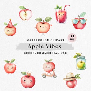 Apple Clipart PNG, Cute Apple Character Illustration, Watercolor Fruit Graphics, Kawaii Apple Clip Art, Watercolor Apple, Fruit Characters