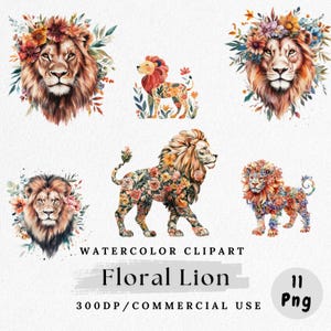 Bloemen leeuw clipart, aquarel jungle dieren png, leeuw met bloemen, safari kinderkamer kunst, wilde kat illustraties, boho jungle afbeelding