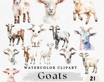 Watercolor Goat Clipart: Farm Animal PNGs (Digital Download, 21 Files)