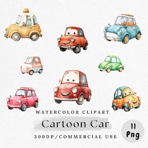 Clipart de coche de dibujos animados, PNG de coche bonito, ilustración de vehículo en acuarela, clip art de transporte para niños, decoración de coche para guardería, arte para habitación de bebé niño, PNG de coche