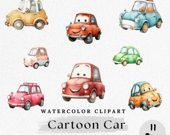 Watercolor Cartoon Car Clipart: Kids Nursery Transport PNG (Digital Download)