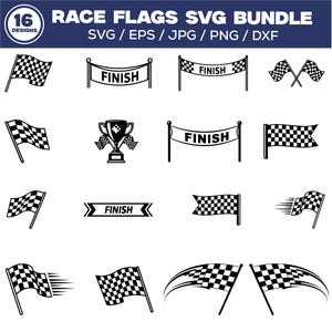 May include: A black and white SVG bundle featuring 16 race flag designs. Includes checkered flags, finish banners, and a trophy. Text includes "RACE FLAGS SVG BUNDLE" and file type options: SVG, EPS, JPG, PNG, and DXF.