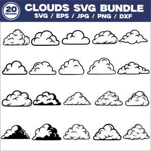 May include: A digital art bundle featuring 20 cloud designs in SVG, EPS, JPG, PNG, and DXF formats. The clouds are depicted in various styles, from simple outlines to detailed illustrations, all in black and white.