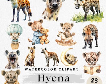 Watercolor Hyena Clipart: Safari Animal PNG Images (Digital Download, 23 Files