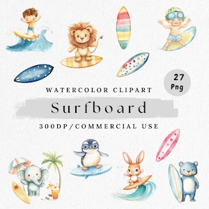 Watercolor Surfboard Clipart Bundle, Cute Animals on Surfboards PNG, Summer Beach Clipart, Kawaii Ocean Characters, Tropical Surf Art