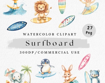 Watercolor Animals on Surfboards Clipart: Kawaii Beach Art (PNG Digital Download)
