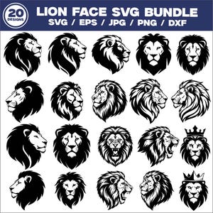 May include: A collection of 20 lion face designs in SVG, EPS, JPG, PNG, and DXF formats. The black and white illustrations depict various lion profiles and frontal views, some with crowns. The text "LION FACE SVG BUNDLE" is at the top.