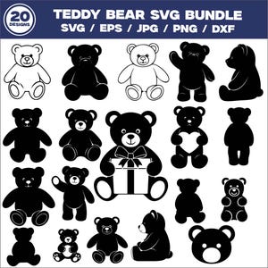 Pode incluir: Uma coleção de 20 designs de ursinhos de pelúcia em formatos SVG, EPS, JPG, PNG e DXF. Os ursos são retratados em várias poses, incluindo contornos, silhuetas pretas e segurando um presente ou um coração. O texto "TEDDY BEAR SVG BUNDLE" está no topo.