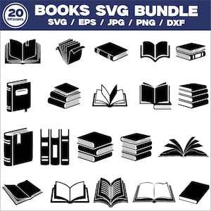 May include: A black and white SVG bundle featuring 20 book designs. The image includes various illustrations of open and closed books, stacks of books, and book spines. Text at the top reads "BOOKS SVG BUNDLE" and file types.