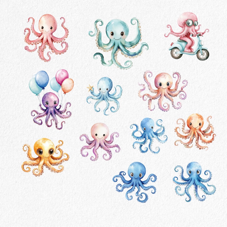 May include: Watercolor illustrations of various colorful octopuses. Some octopuses are pink, blue, purple, and orange. One octopus is riding a scooter, and another is holding balloons. The octopuses have smiling faces and are set against a white background.